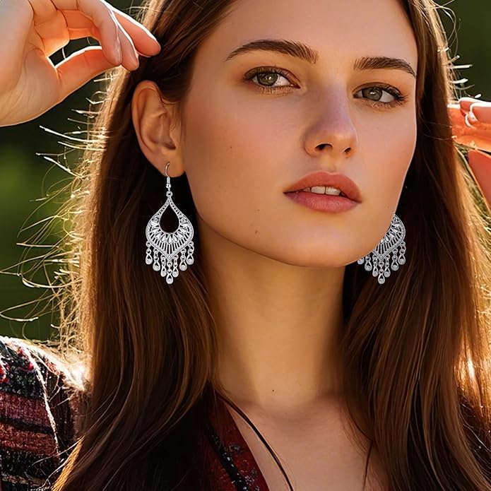 Silver 14K Gold & Rose Gold Plated Boho Chandelier Earrings – Intricate Bohemian Earrings with Filigree and Tassel Earrings for Women Trendy