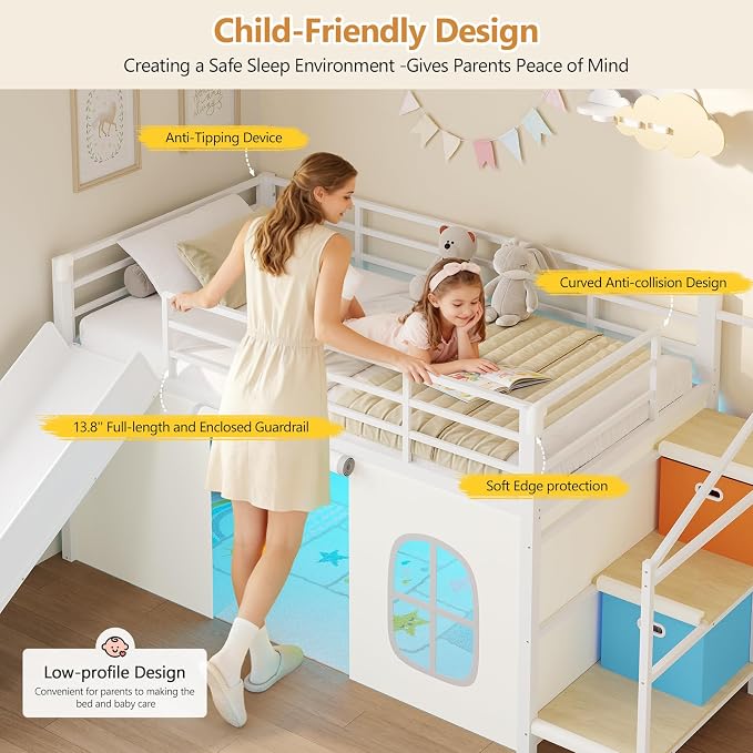 DICTAC Low Loft Bed with Slide,Storage Stairway and Led Lights Metal Twin Size Loft Bed with Under-Bed Play Space,Art Table & Play Curtain Twin Beds with 2 Drawers and 13.8''H Safety Guardrail,White