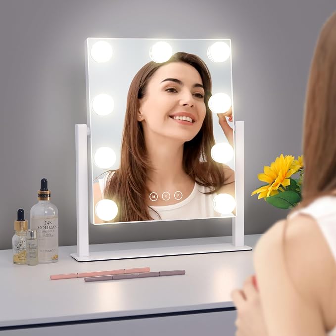 Acoolda Vanity Mirror with Lights, Hollywood Vanity Makeup Mirror with 9 Dimmable LED Bulbs, 3 Color Lighting Modes, Detachable 10X Magnification, 360°Rotation,White