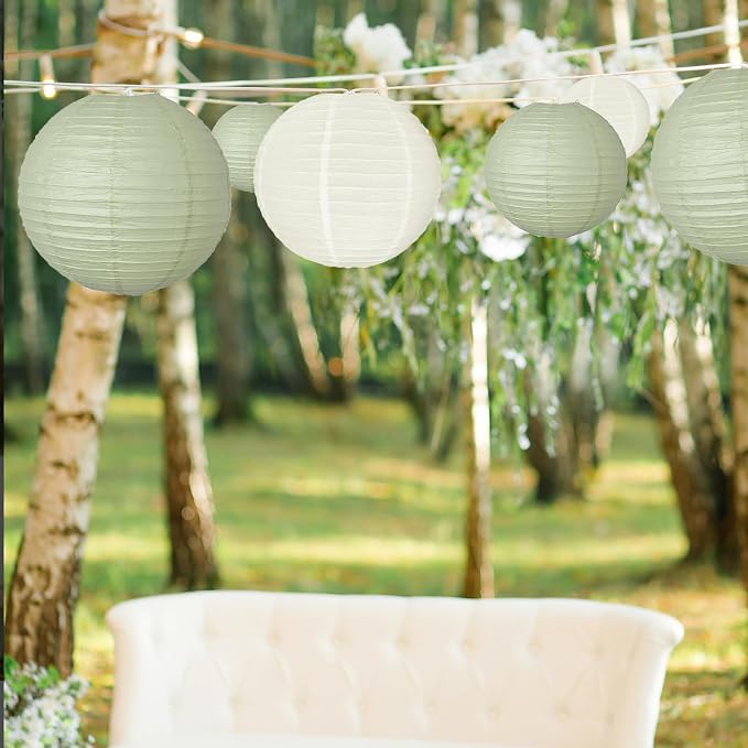 20Pcs Paper Lanterns, Sage Green and Ivory Hanging Lantern for Rustic Party | 6"8"10" Round Paper Lanterns Decorations for Bridal Shower Wedding Engagement Birthday Baby Shower Home Classroom Decor