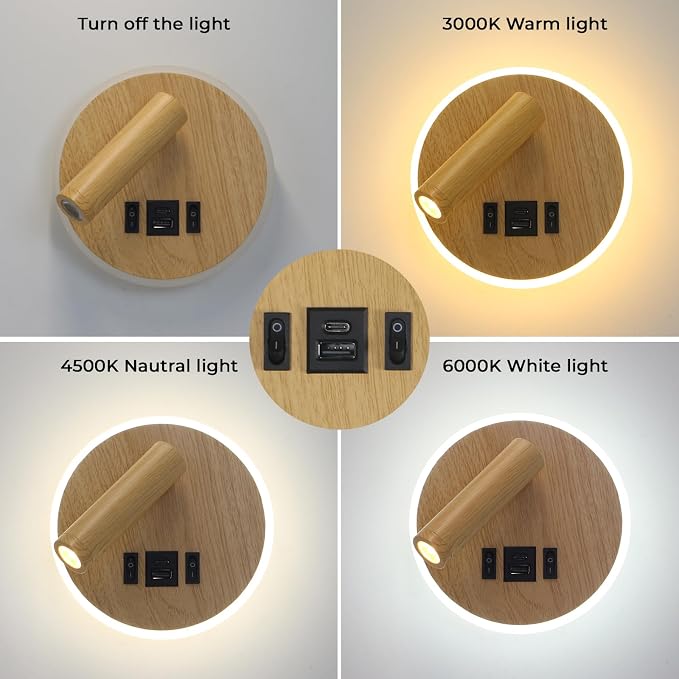 Reading Light for Bed with Plug in Wall Sconce&Hardwired Install | Wall Lamp for Bedroom with USB C+A Ports, Bedside Reading Lamp With 9W Night Light, Wood Color Reading Light Adjustable Angle
