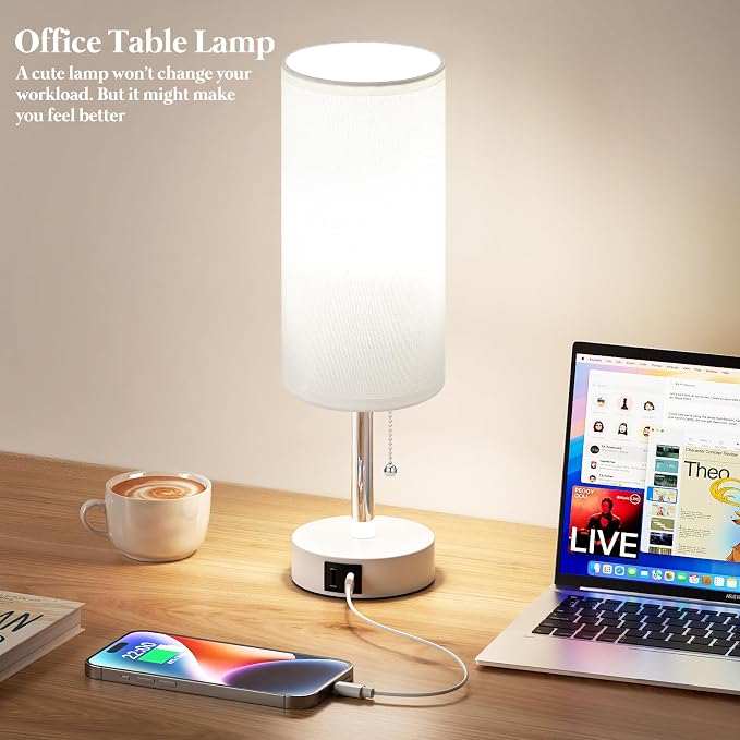White Bedside Table Lamp for Bedroom - Small Nightstand Lamp for Girls | 3 Color Temp, USB A+C Ports, LED Bulb Included, Soft White Fabric Shade, Matte White Metal Base, 14" Desk Lamp for Kids Dorm