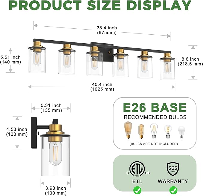 DORESshop Bathroom Light Fixtures, 6-Light Gold and Black Bathroom Lighting Fixtures Over Mirror with Clear Glass Shade, Vanity Lights for Hallway Living Room Bedroom
