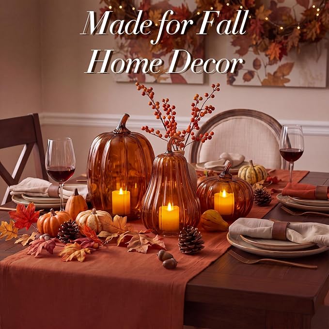 Yungyan Set of 3 Glass Pumpkin Lamp Shades Fall Decor,Brown | Pumpkin Candle Holder Rustic Thanksgiving Halloween Autumn Mantel Table Centerpiece Home Decoration, Lights Not Included