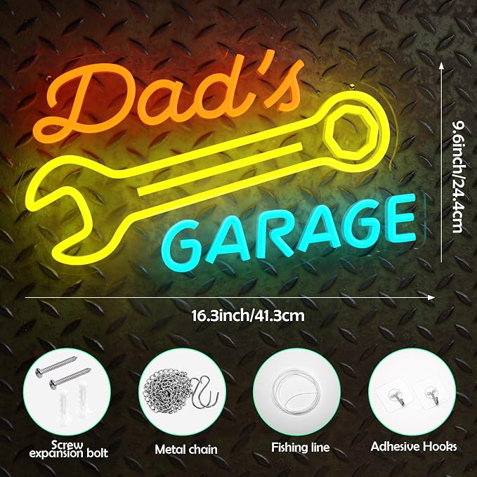Dad's Garage Neon Sign for Garage Workshop Man Cave Wall Decor | Dimmable LED Garage Neon Sign for Basement Bar Office Auto Repair Shop Dad Father Mechanic Car Lover Gift Decor