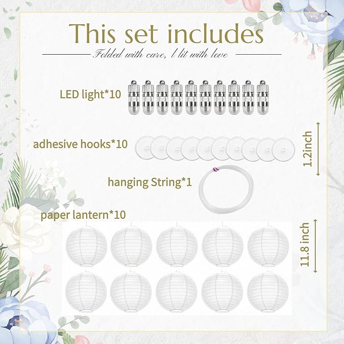 Chinese Paper Lanterns - Pack of 10, 12-Inch White Hanging Lights for Birthday Party Decorations, Ceiling Decor, Rainbow Classroom, Wedding, and Home Party