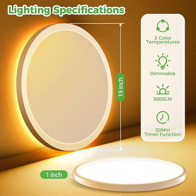 zemty 19 Inch LED Ceiling Lights with Night Light 1800K, 36W 3600lm Light Fixtures with Remote Control, 3000K-6500K Adjustable, Dimmable Low Profile Ceiling Lamp for Bedroom Dining Room Kitchen-White
