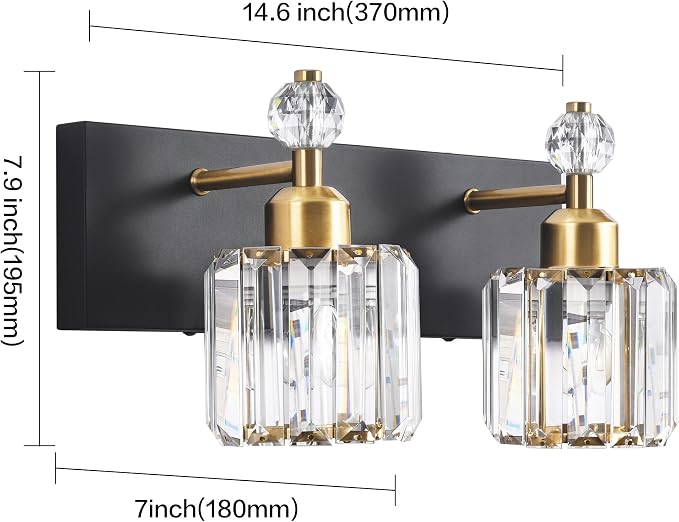 PRESDE 2-Crystal Bathroom Vanity Light Modern Black and Gold Bathroom Lights Fixtures Over Mirror Modern Bath Wall Lighting