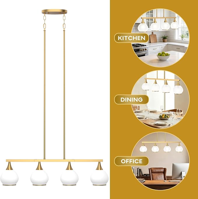Kitchen Island Linear Pendant Light, 4-Light Gold Dining Room Chandelier with White Glass Globe Shades, Modern Linear Lighting Fixture Over Table