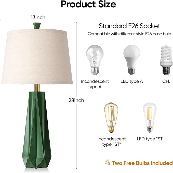 WIHTU 27" Resin Table Lamp Set of 2, Green Desk Lamp, Beside Lamp for Decor | Prism-shaped Lamp Body, Rotary Switch, E26 Base, With Linen Shade, Desk Lamps for Living Room, Bedroom, 2 Bulbs Included