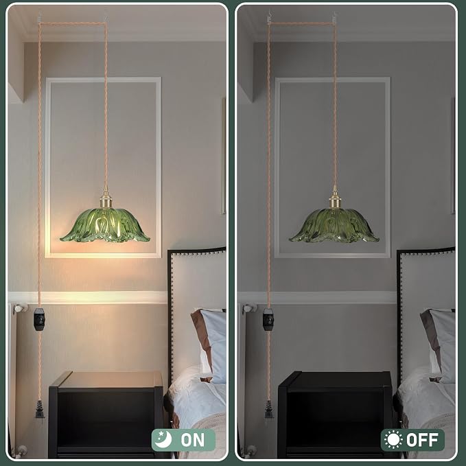 Plug in Pendant Light Fixtures,Hanging Light Fixture Corded On/Off Switch,10.6in E26 Green Glass Lampshade Pendant Lighting for Kitchen Island, Bedroom, Dining Room 2pack