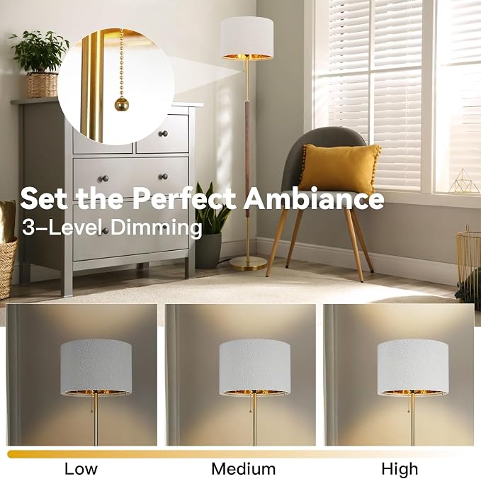 LALISU Wood Floor Lamp for Living Room Gold Traditional Farmhouse Floor Lamps Mid-Century Pole Lamp with Linen Lamp Shade, Standing Tall Floor Lamps for Bedrooms and Office (Gold)