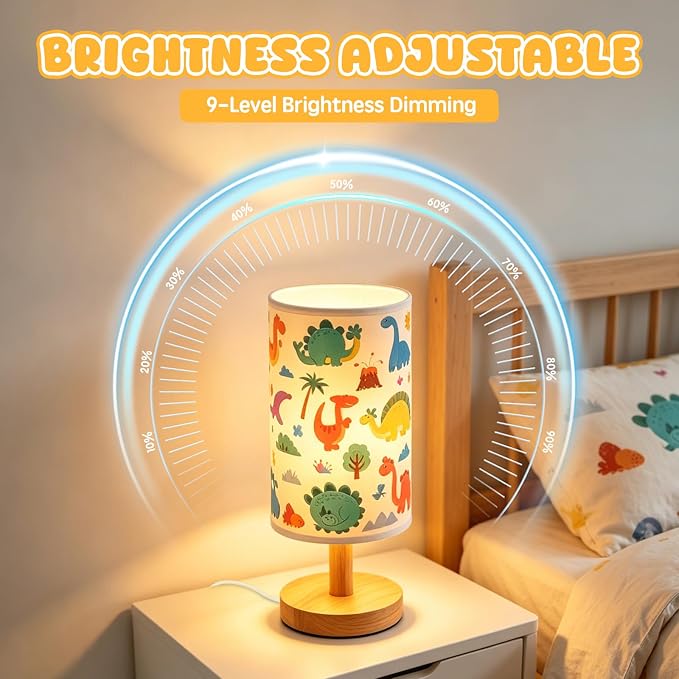 Dinosaur Lamp for Kids Bedroom, 3-Way Dimmable Table Lamp with Wooden Base and Fabric Shade, Cute Dino Room Decor for Boys Girls, Nursery Bedside Night Light, Dinosaur Gifts for Kids