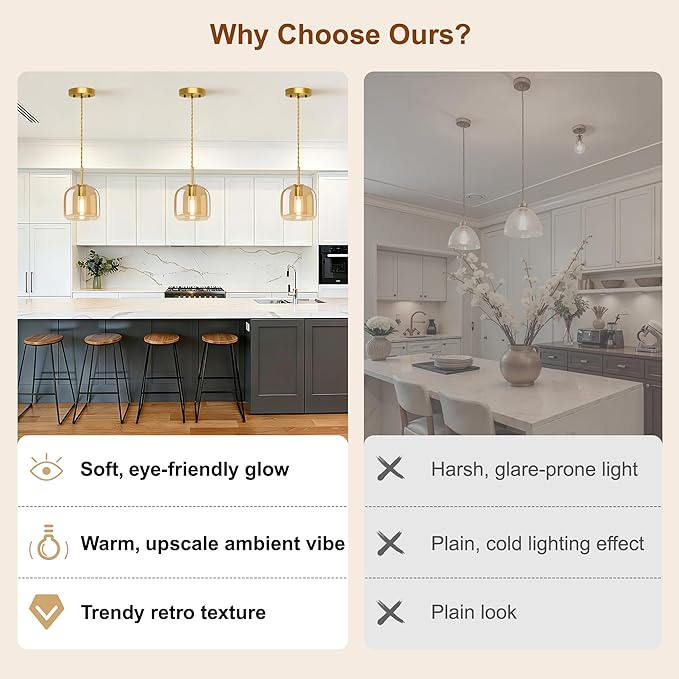 Pendant Lights Kitchen Island-Gold Pendant Light,Farmhouse Brass Hanging Lights with Amber Glass Shade, Adjustable Pendant Light for Dining Room,Kitchen Island,Living Room,Bar&Coffee Shop