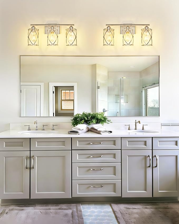 3-Light Brushed Nickel Bathroom Light Fixtures, 21 Inch Modern Bathroom Vanity Lighting Fixtures Over Mirror with Clear Glass and Metal Cage Wall Sconce Lights for Bath, E26, CH9176BN-3W