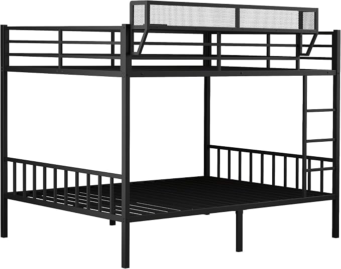 Queen Over Queen Metal Bunk Bed with Storage Shelf & USB Charging | Open Storage Shelf,2 AC Outlets,2 USB Ports,Full-Length Guardrail for Boys&Girls,Noise-Free & Stable,No Box Spring Needed