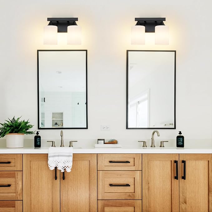 ZHU YAN Black Vanity Light Fixture,2 Light Bathroom Lighting Fixtures Over Mirror,Milky White Glass Shades,Bathroom Lights for Mirror Living Room Bedroom E26 Socket