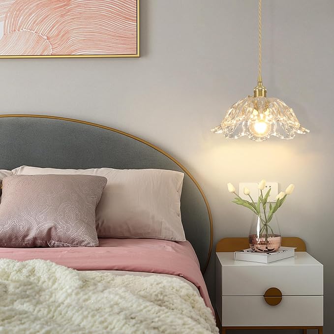 Glass Pendant Light Vintage Light Fixtures,Transparent Modern Chandelier Pendant,E26 Pendant Lights Kitchen Island,10.6 inch Hanging Lamp for Bedroom Hotel Dining Room 1 Light