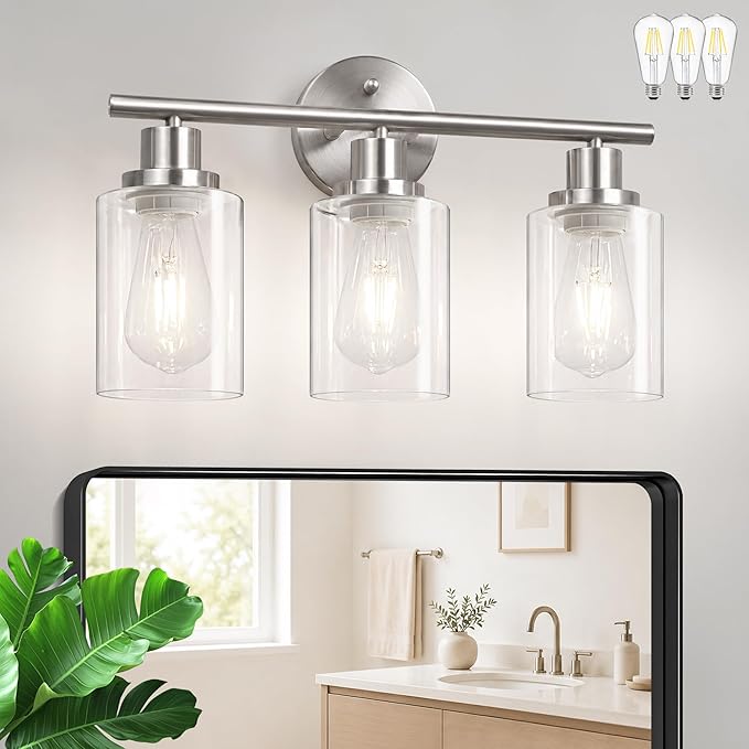 Modern Bathroom Light Fixtures, 3 Light Vanity Lights with E26 Bulbs, Brushed Nickel Wall Lamp with Clear Glass for Mirror Living Room Hallway Cabinet Porch