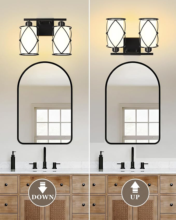 2-Light Black Bathroom Light Fixtures with Milk White Frosted Glass, 13.8" Modern Bathroom Vanity Lighting Fixtures Over Mirror with Metal Cage, Wall Sconce Lights for Bath, E26, CH9176BKW-2W
