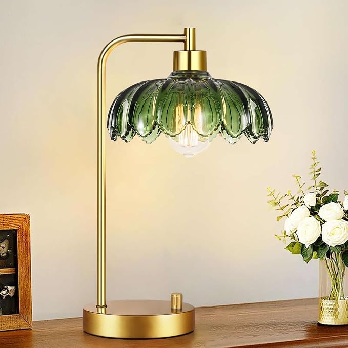 ILLMTW Glass Table Lamp Set of 2,Small Gold Bedside Lamps Dimmable Boho Bedroom Lamp with Tulip Flower Green Lamp Shade,Vintage Mid Century Modern Mini Nightstand Lamp for Bedroom Living Room