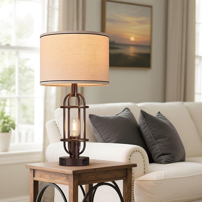 Reaketon Living Room Lamps Set of 2, 22.3" Farmhouse Table Lamp for Bedroom, Vintage Lamps for Night Stands with USB Ports, Oil Rubbed Bronze