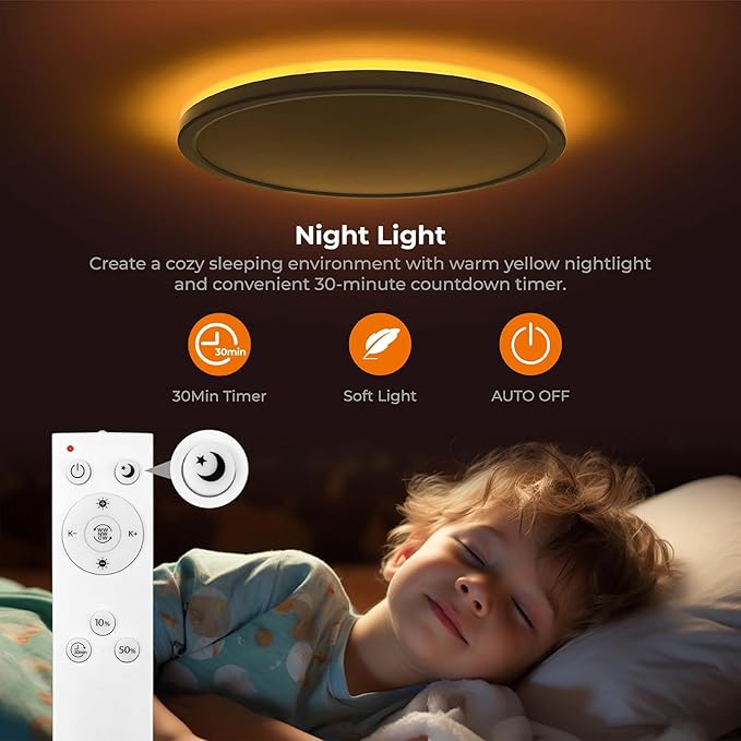 Matane 2Pack 12in LED Flush Mount Ceiling Light Fixture with Remote Control, Nightlight 2000K Warm, 3000K-6500K Adjustable, Low Profile Ceiling Lights for Bedroom, Kitchen, Living Room, White