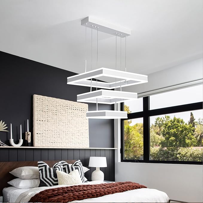 O'NEELDY Modern LED Chandeliers White Square Rings Pendant Light Fixture with Hanging Cord Flush Mount Square Modern Chandeliers for Kitchen Island Dining Room