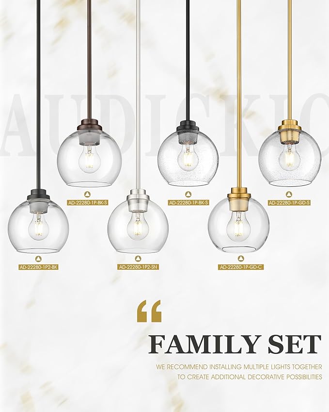 Pendant Lights Kitchen Island, 7" Modern Black Hanging Lights Fixtures with Clear Seeded Glass Globe Shade, Kitchen Island Lighting for Bathroom, AD-22280-1P-BK-S