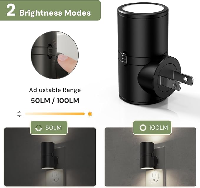 L LOHAS LED Bright Night Lights Plug into Wall,Daylight White,Rotating,Mini | Dimmable Nightlight Plug in, Light Sensor Night Light, LED Nightlights, Hallway Bedroom Bathroom Kitchen,[Black Shade,2 Pack]