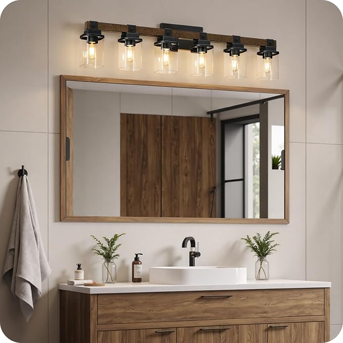 6-Light Bathroom Light Fixtures, Farmhouse Vanity Lights for Bathroom with Glass Square Shade, Rustic Vanity Lights, Sconce Wall Light, E26 Base (Bulbs Not Included), ETL Listed FS12BD05