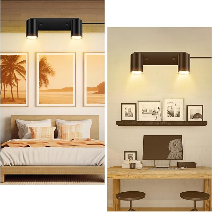 2 Light Track Lighting Kit,Black 2 Way Modern Plug in Ceiling Spotlight,Industrial LED Wall Light for Kitchen Cabinet Gallery Bar Hallway Living Room,Rocker Switch,15 Foot Cord(No Bulb)