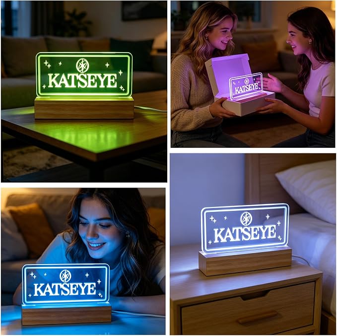 Kate LED Night Light 7 Color Changing Neon Sign USB Acrylic Lamp Wood Base | Adjustable brightness USB powered glowing decor lamp birthday gift for K-pop fans for bedroom desk home ambiance decoration