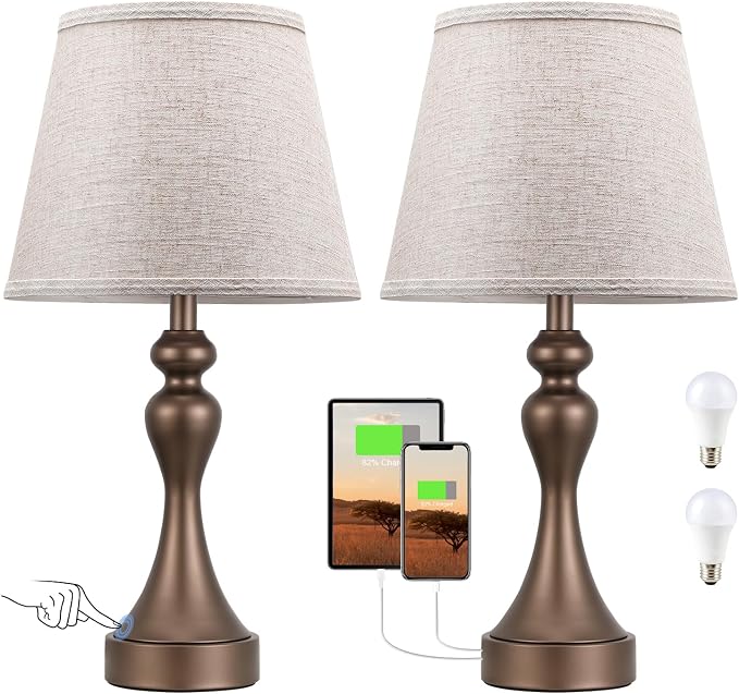 Touch Lamps for Nightstand, 3 Way Dimmable Bedside Lamps with USB C+A Ports | Touch Control, LED Bulb Included, Small Brown Table Lamp for Bedroom, Night Stands, End Table, Gift，Corded，Beige Shade