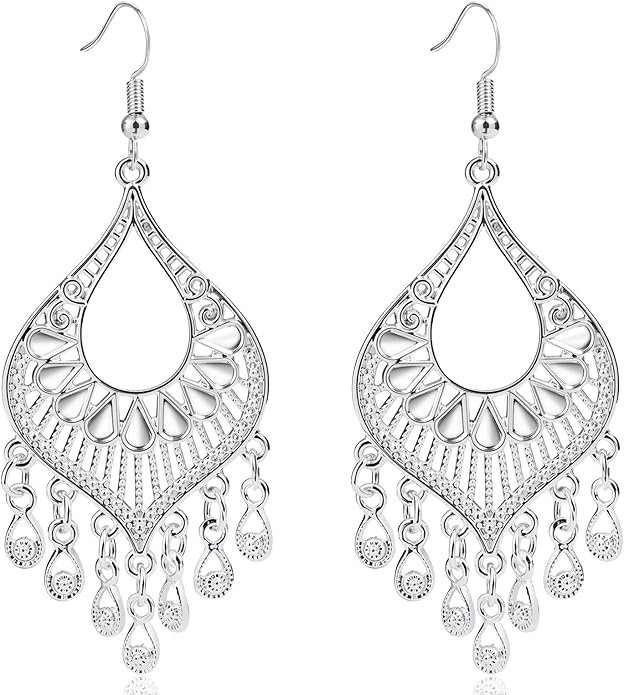 Silver 14K Gold & Rose Gold Plated Boho Chandelier Earrings – Intricate Bohemian Earrings with Filigree and Tassel Earrings for Women Trendy