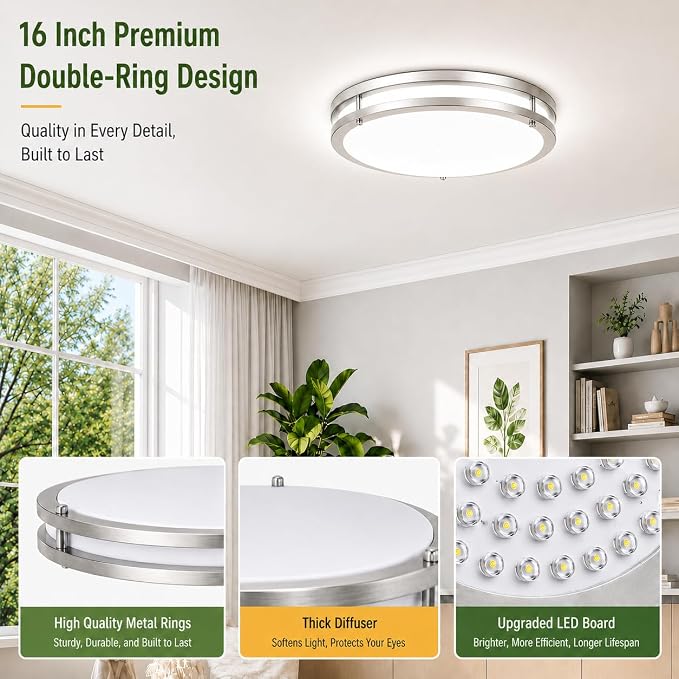 16in 50W LED Ceiling Light Fixture 5600lm Super Bright, 2-Pack Dimmable LED Flush Mount Ceiling Lights 2700K-6500K Adjusted, Brushed Nickel Modern Light Fixture Ceiling for Living Room Bedroom Kitchen