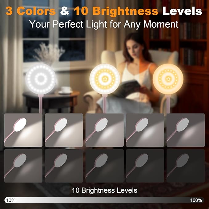 Rechargeable Clip on Light for Bed, Cute LED Reading Lamp for Girls Dorm Room, Portable Book Light with Clamp on Headboard Bedside Table, Flexible Lamp with 3 Color Temp & 10 Brightness (Pink/3.5'') | 10 Brightness Levels, Clamp Lamp with USB-C, 15.8''...
