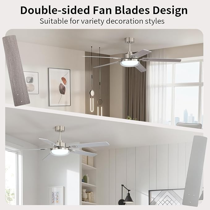 60 Inch Ceiling Fans with Lights and Remote, Living Room Office Industrial, 5CCT Dimmable, Dual Color 5 Blades, 6 Speed Reversible Quiet DC Motor, Double-Layer Lampshade, Sand-nickel/Wood Grain