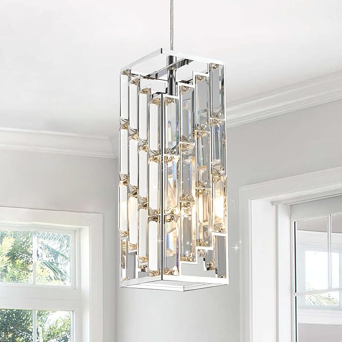 CATINER Chrome Crystal Pendant Light, Mini Hanging Light, E26 | Chrome crystal pendant light with adjustable 70.8" cord, E26 base, dimmable, ideal for kitchen island lighting