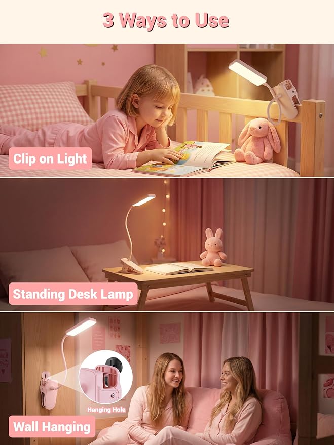 Pink Desk Lamp Cute Clip on Lamp,45 Modes Dimmable+450 Lumen Clip on Light | 4000mAh Battery Rechargeable Book Light for Reading in Bed,Cordless Small Pink Lamp for Girls Room/Kids Bedroom/Bedside/Dorm