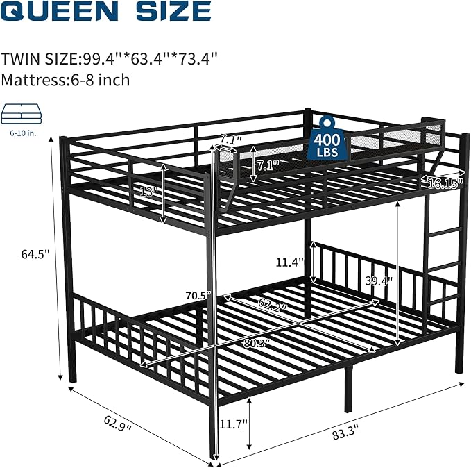 Queen Over Queen Metal Bunk Bed with Storage Shelf & USB Charging | Open Storage Shelf,2 AC Outlets,2 USB Ports,Full-Length Guardrail for Boys&Girls,Noise-Free & Stable,No Box Spring Needed