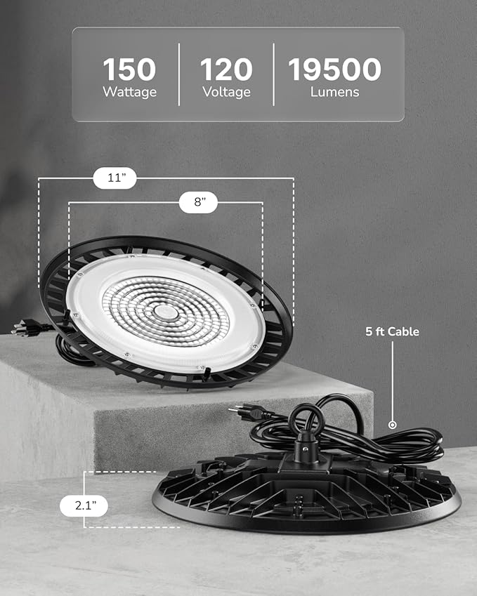 Sunco 10 Pack UFO LED High Bay Light, 150W, 19500 Lumens, 6000k Ultra Bright Commercial Shop Lights for Warehouse, Factory, Workshop, Garage & Barn, Ceiling Mount, Plug & Play, 120V, UL