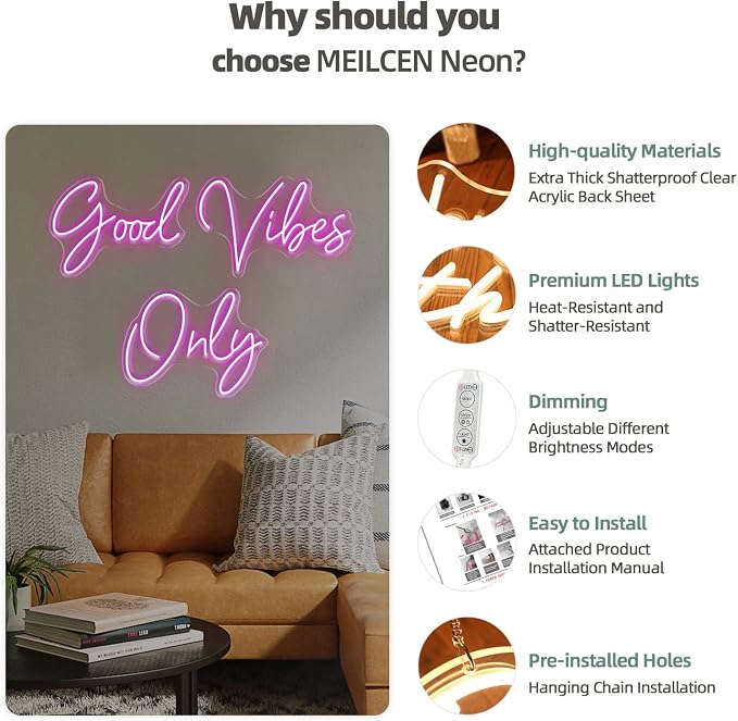 Large Good Vibes Only Neon Signs for Wall Decor -56.57" x 13.5" Pink | Extra Large Neon Sign LED Art Decorative Lights with Dimmable for Bedroom Home, Gym, Club Bar and Party Decor