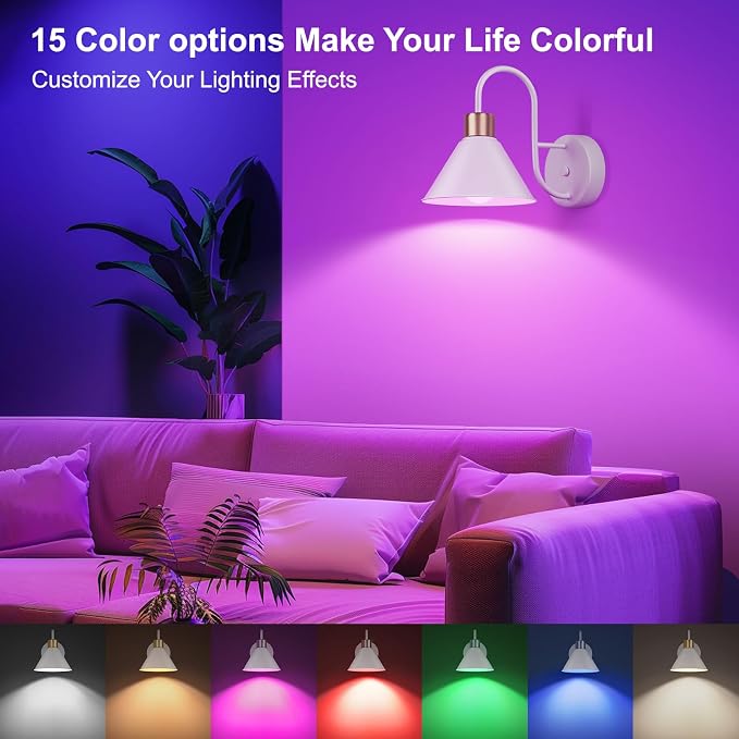 Frideko Rechargeable Battery Operated Wall Sconces Set of Two with Remote, RGB 15 Colors Dimmable White Wall Light, Indoor Battery Powered Wireless Sconce with 4 Timer for Living Room Bedroom