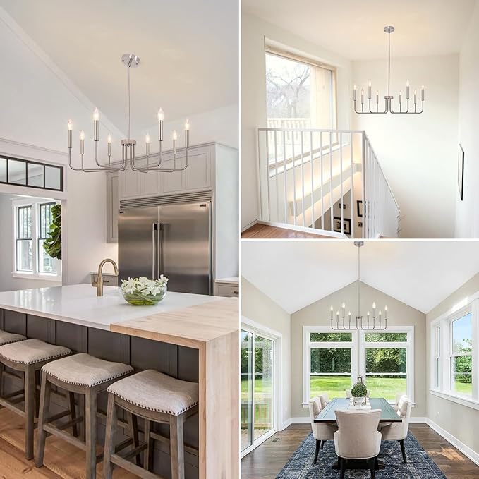 8-Light Farmhouse Chandelier for Dining Room Light Fixtures, Brushed Nickel Dining Room Light Fixture, Candle Ceiling Industrial Modern Chandelier for Living Room Kitchen Entryway Foyer Bedroom