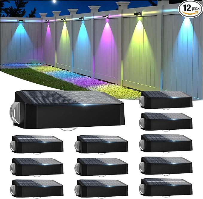 Solar Fence Lights Outdoor with 3-Way Lensed Lighting, Fence Light Solar Powered 12 Mode RGB Color Changing, Warm/Cool White, IP65 Waterproof for Deck, Wall, Patio, Backyard, Outside(12 Pack)