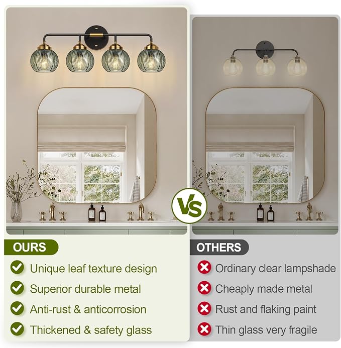 MOKATNG Bathroom Light Fixtures, 4-Light Green Vanity Lights with Unique Leaf Texture Glass Shade, Modern Matte Black and Gold Bathroom Wall Lamp for Mirror Hallway Cabinet Living Room