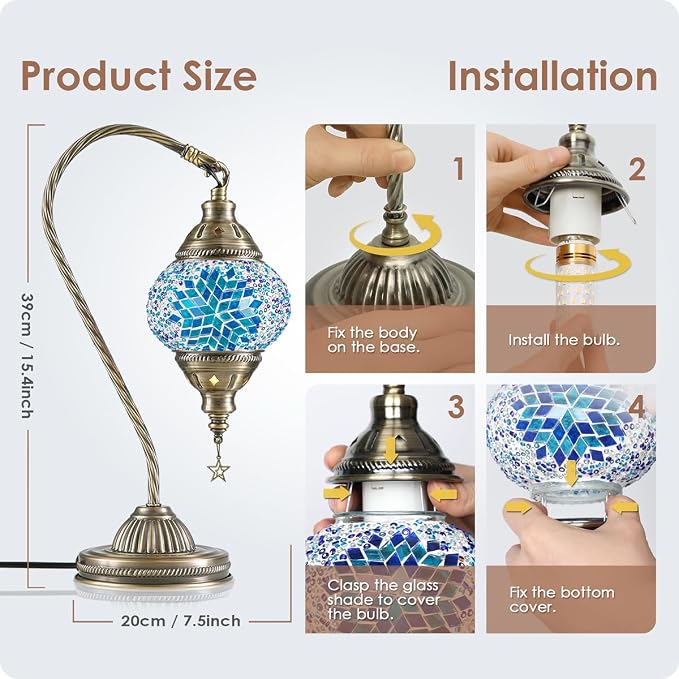 Yarra-Decor Turkish Moroccan Lamp with Bronze Base 3 Color Options Handmade Swan Neck Mosaic Glass Bedside Lamps for Bedroom (LED Bulb Included)(Blue2)