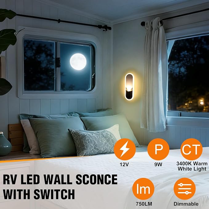 Facon 12V RV Wall Sconce Reading Light - 10.5'', Dual-Zone Wall Lighting & Spot Light with Independent Switch, RV Interior Light for Bedroom, Camper, Trailer, Tiny Homes