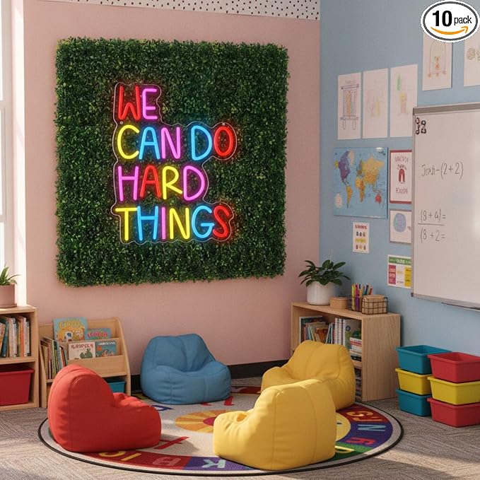 Thyle 10 Pcs Classroom Reading Corner Decorations Set We Can Do Hard Things | Neon Lights and 9 Pcs Artificial Grass Wall Panels Backdrop Decor for Back to School Library Teen Girls Bedroom